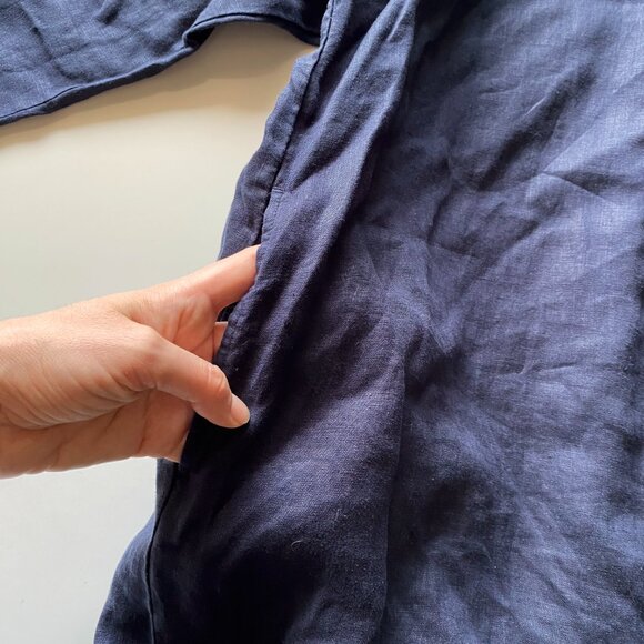 Women’s 100% Linen Navy Blue Long Shirt Dress Sz L Button Front Midi Side Pocket - Picture 3 of 10